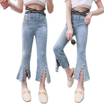 Split Ștrasuri Din Mărgele Flare Jeans Pentru Fete Mari De Moda Irregulare Elastic Slim Denim Pantaloni Copii Copilul De Îmbrăcăminte Adolescent Pantaloni 12 13 14