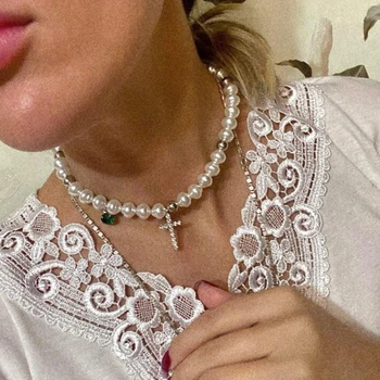 Neregulate Imitații de Perle Colier Elegant de Bijuterii Stras Crucea de Cristal Pandantiv Colier pentru Femei