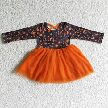 GLD0017 fete pentru copii cu maneca lunga tifon fusta halloween stele și lună model twirl dress