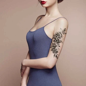 Impermeabil Tatuaj Temporar Autocolant Negru Realist Floare Trandafir Bujor Frunze de Tatuaje False Flash Tatuaj Braț de Arta Corp pentru Femei, Bărbați