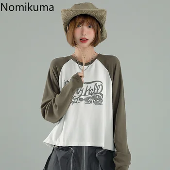 Nomikuma Tricou Femei De Primavara Toamna Scrisoare De Imprimare Vrac Talie Mare Camisetas De Mujer De Moda Harajuku Casual Vintage Topuri Femeile