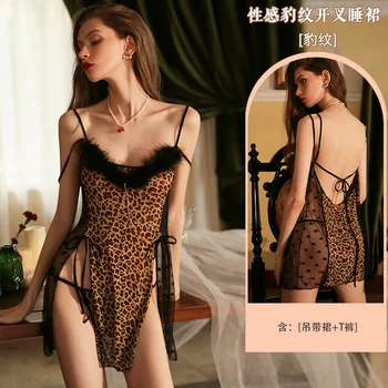 Sexy Pijamale Femei Leopard De Imprimare De Pluș Tentația Bretelele Cămășii De Noapte Pure Costume Fierbinte Roșu Net Lenjerie Erotica Acasă Sleepwear