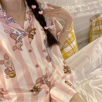Anime Disney Winnie The Pooh, Piglet Pijamale Desene animate Drăguț femeii Cardigan Casual de Vară cu Mânecă Scurtă, pantaloni Scurți Homewear Set Fete