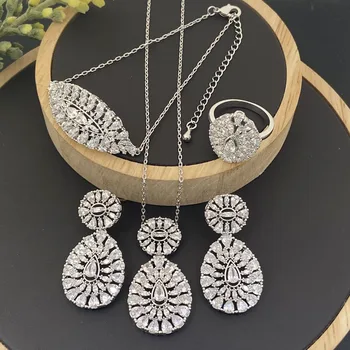 Lanyika Set de Bijuterii de Moda Superba Formă de Picătură Zirconia Colier cu Cercei, Bratara si Inel pentru Femei Petrecerea de Nunta Cadouri
