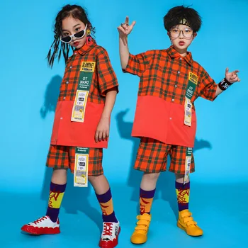 Copiii Hip Hop Tinutele Vestimentare Supradimensionate Orange Plaid Shirt Topuri Pantaloni Scurți Pentru Băieți Și Fete De Jazz, Dans, Costume De Dans Etapă Streetwear