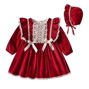 Fata de iarna Dress 0-4 ani de Catifea Rochie de Partid Fata de Dantelă Printesa Haine cu Pălărie Roșie 0-4Y