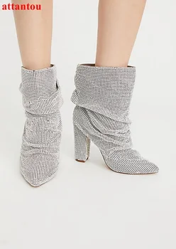 Bling Bling argint cizme scurte fierbinte femeie de moda botine toc gros subliniat in picioare de sex feminin pantofi stil concis