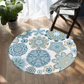Mandala cu Flori Covoare Zona Boema Girly Rotund Covor Pentru Dormitor Colorat Non-alunecare Mat Etaj Floral Albastru Mat Joc