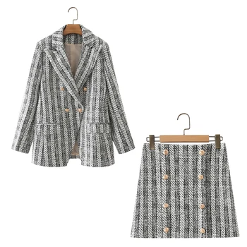 Primăvara și toamna femei casual cu dungi la două rânduri de buzunar decor sacou + talie mare butonul de decor costum fusta