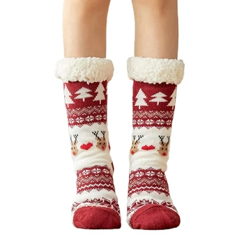 Femei Iarna Cald Pufos Faux Fleece Căptușit Șosetele cu Non-Alunecare Prindere Crăciun Ren Tricotate Etaj Ciorapi