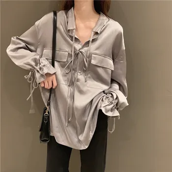2021 Primăvară de Moda pentru Femei Mâneci Lungi din Satin Bluza Vintage Femme V Gât Strada Camasi Elegante Imitație de Mătase Bluză ARC