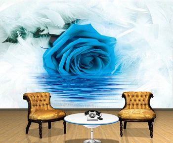 Personalizat papel DE parede 3 d, albastru trandafiri si pene de picturi murale pentru sufragerie, dormitor, TV stabilirea perete tapet rezistent la apa