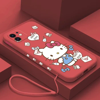 Sanrio Pisica Drăguț Hello Kitty Telefon Caz Pentru iPhone 14 13 12 11 Pro Max Mini X XR XS MAX SE 2020 8 7 Plus Cu Curea de Silicon
