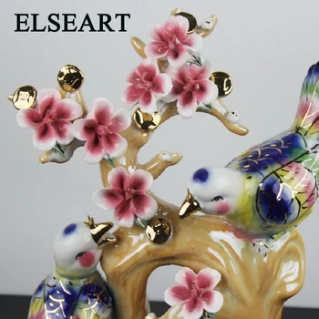 Elseart ceramice pline de culoare de aur cu două păsări cu flori roz copac ornament pentru masa de decor acasă