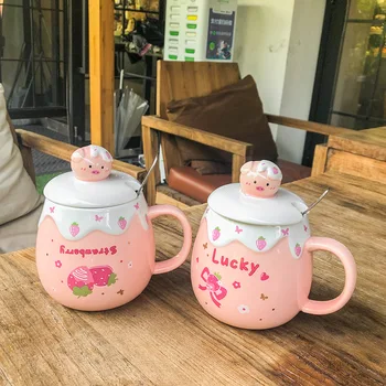 Japoneze Cești de Cafea Desene animate Porc Burta Ceramice Roz Inima Fată Frumoasă Apă Cana cu Capac Birou Creativ Cana Pentru Prieteni