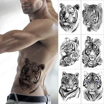 Black Tiger Tatuaj Temporar Autocolant Pentru Barbati Femei Flori Lup Lione Fox Impermeabil Fals Henna Craniu De Animal Body Art Tatoo