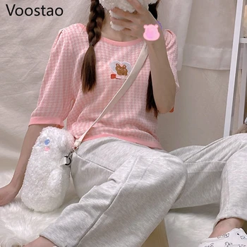 Dulce Femeile De Vară Lolita Roz T-Shirt Kawaii Carouri Urs Grafic Maneca Scurta Fete Coreene Albastru Subțire Tricotate Culturilor Topuri