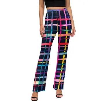 Rezumat Geometrie Pantaloni Casual De Toamna Carouri Multicolore Acasă Print Pantaloni Evazați Cu Talie Înaltă Slim Stretch Pantaloni Streetwear