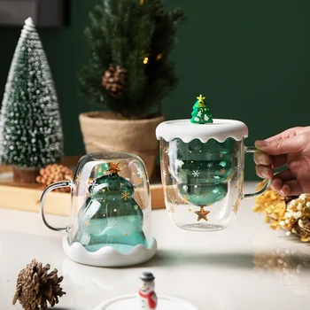 Dublu Strat de Sticlă rezistent la Căldură Cana de Cafea Cana de Apa cu Maner Acoperit Cadou de Crăciun Ornamente Decor Petrecere