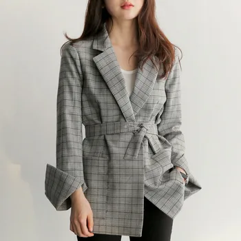 2022 Femei Toamna blazere jacheta de lucru pentru a purta Elegant doamnelor jachete casual haina famale Gri carouri cravată talie sacouri sus Y906