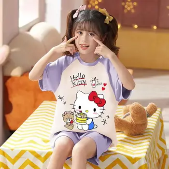 Kawaii Sanrioed Pisica Kitty pentru Copii Pijamale Fete Vara Bumbac Salut Kt Fată de Desene animate Printesa Casă de Vară Costum de Haine Cadou