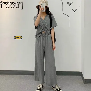 Pijama Seturi Pentru Femei Cordon Cutat Topuri Lejere Casual Fashion Lounge Femei La Modă Ins Ulzzang Harajuku Chic Două Bucăți De Agrement