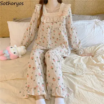 Femeile Dulce Imprimare Seturi De Pijama Primavara Toamna Cu Maneci Lungi Vrac Sleepwear Confort Fată Drăguță Pătrat Guler Printesa Lounge Purta