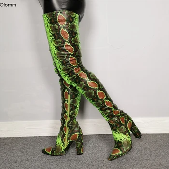 Olomm Noua Moda Femei Coapsei Cizme Înalte Pătrat Tocuri inalte Cizme a Subliniat Toe Superba Verde Maro Pantofi de Partid Femei NE Dimensiune 5-15