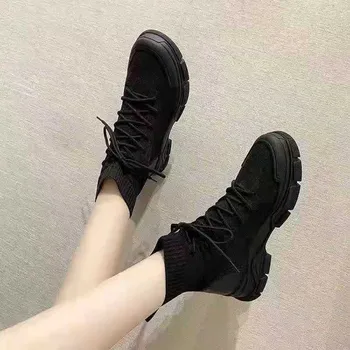 Femei Tesatura Stretch Glezna Cizme Femei Dantelă-up Platforma Mature Punk Bucată Gotic Negru Pantofi de Lumină Moale Zapatillas Mujer 2021