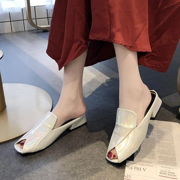 Femei Papuci 2022 Noua Moda de Vara Peep-toe Pantofi Sexy Med Tocuri Indesata Designer de Diapozitive PU Sandale din Piele Petrecere Flip Flops