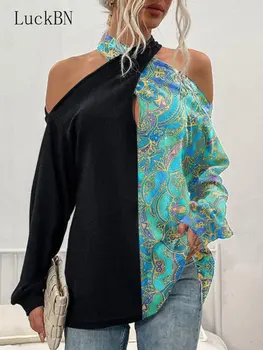 Toamna Casual T-Shirt Femei de Moda Mozaic Maneca Lunga de Pe Umăr Sexy Imprimare Culori de Contrast Epocă Pulovere Topuri
