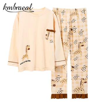 Kmbraeal Bumbac Femeie Pijama Set 2 Piese Primavara Toamna Pijamale Desene Animate Girafa Moale Homewear Confortabil Plus Dimensiune
