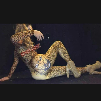 Sexy Tigru Fata Leopard, Salopete cu Tricou Elasticitatea Bodysuit,DJ Cantareata de Jazz Slab Petrecere Clubwear Noapte Dresuri Reducere Mare