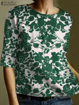 ZANZEA Boem Florale Imprimate Tricou Vrac Toamna pentru Femei Bluza Casual de Vacanta Topuri Cutat Design Jumătate Maneca O-Gât Pulover