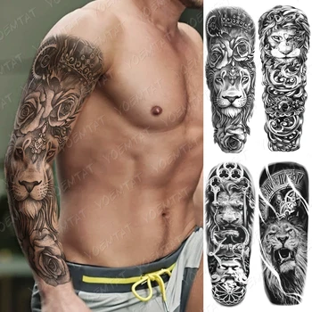 Rezistent La Apa Temporară Mari Bratul Autocolante Tatuaj Leu Tigru Coroana Ceas Rose Flash Tatuaje De Sex Masculin Corpul De Artă False, Tatuaj Femei