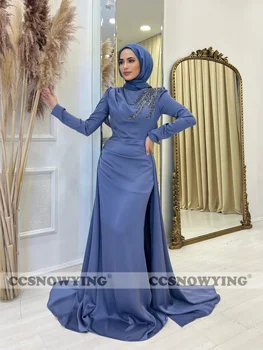 Satin Aplicatii Hijab Musulman Rochii De Seara Cu Maneca Lunga Islamic Formale Partid Rochie De Femei Gât Înalt Arab Dubai Halat De Petrecere