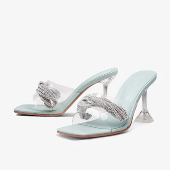 Moda 8.5 cm super high subțire bling transparent papuci de casă tocuri de cristal pătrat peep toe slip pe concis casual femei sandale HL431
