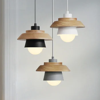 Nordic minimalist modern, dormitor mic candelabru fier de lemn castron sala de personalitate creatoare Macarons restaurant lampă cu LED-uri