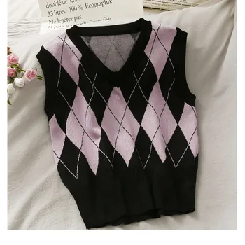 Femei Roz dulce pulovere tricotate Vesta V Gâtului fără Mâneci Trage Carouri Pulover de Moda Chic y2k top Vintage de îmbrăcăminte de sex Feminin Rezervor