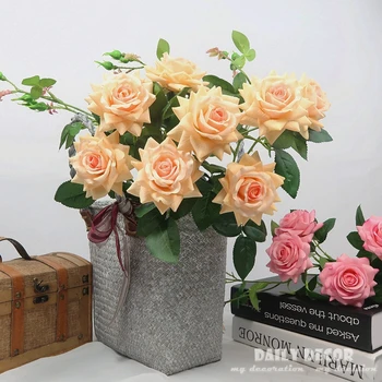 6pcs! Real touch 2 capete long branch/stem latex rose simt mână / simtit mare simulare de nunta artificiale decorative flori de trandafir