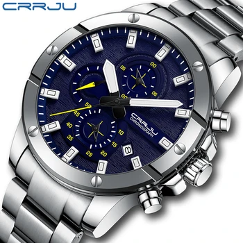 CRRJU 2296 Argint Culoare Albastru Sistem Clasic de Design Ceas de mână rezistent la apă Ceas de mână din Oțel Inoxidabil barbati de Lux Ceasuri Cuarț