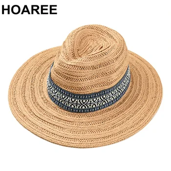 HOAREE Manual de Vara Femei Pălării de Soare, Pălărie de Paie pentru Bărbați Fedora Kaki Etnice Respirabil în aer liber, Protectie UV Jazz Umbrelă de soare Pălărie