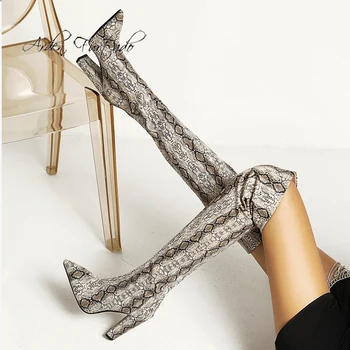 Arden Furtado Moda Pantofi pentru Femei de Iarnă a Subliniat Toe Serpentine Tocuri Indesata Mature Sexy, Peste Genunchi Ridicat coapsei Cizme înalte