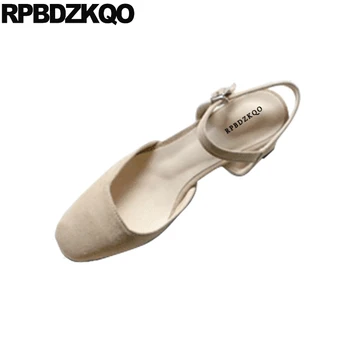 Sandale 2021 Mediu Tocuri Sandale Feminine Bloc Pantofi Pentru Femei Indesata Deget De La Picior Pătrat Gros Casual Pompe De Piele De Căprioară Negru Dimensiune 33 Nud