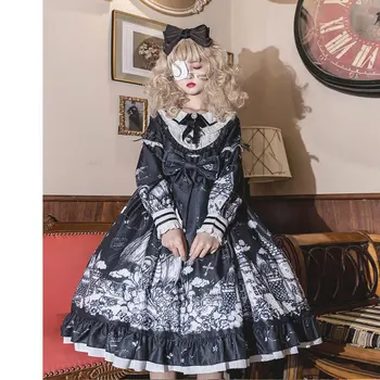 Fata de Îmbrăcăminte pentru Femei Lolita Gotic Întuneric Culoare loli Toamna Iarna de zi cu zi Lolita Talie Mare Fata Kawaii Pentru Rochie cu Maneci Lungi