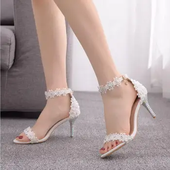 Vara femei sandale sandale stiletto alb dantelă pantofi de nunta stras pearl vara mireasa sandals7cm