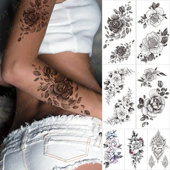 Rezistent la apa Temporar tatooo Autocolante de Flori Bujor Begonia Crescut Transfer tatuaje Talie Sexy Body Art False, tatuaj Femei de sex Masculin Negru