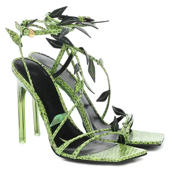 2020 Sandale De Vara Femei Verde Serpentine Curea Glezna Pătrat Tocuri Inalte Pantofi Pentru Femei De Moda De Petrecere A Doamnelor Pantofi De Zapatos Mujer