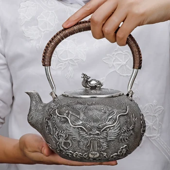 Sterling De Argint 999 Ciocan Model Fierbător Pur Artizanat Ceai Ustensilă De Gătit De Uz Casnic De Argint Ceainic Set De Ceai