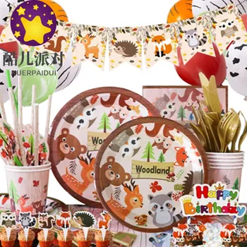 animale de pădure decoratiuni partid tacamuri de unica folosinta set temă junglă placa de pahare de paie de baloane pentru petrecere copil de dus